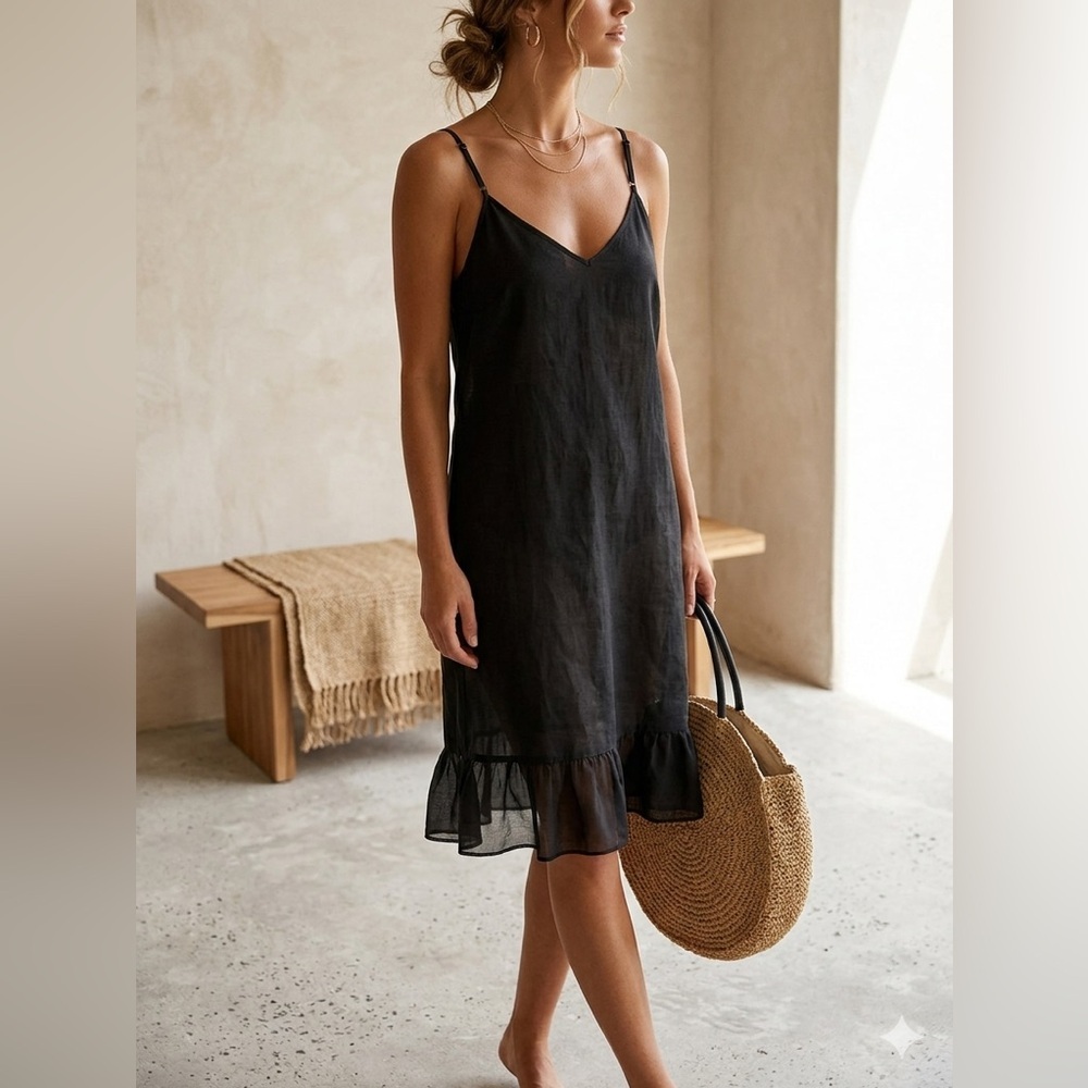 Uncle Frank Black Cotton Ruffle Hem Slip Dress V-Neck Minimalist Resort Small
